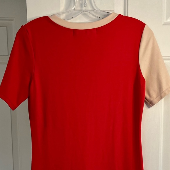 SOLD SONNET JAMES Red & Beige Abstract Swirl Short Sleeve Midi Play Dress Size S - Picture 10 of 16